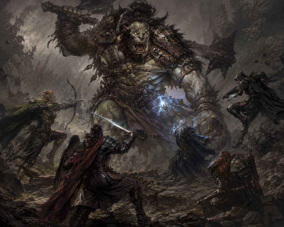 batalha de heróis contra orc - tema RPG, fantasia medieval