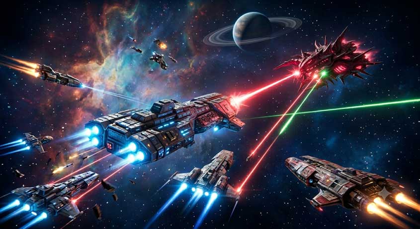 Batalha de naves espaciais em um cenári ode ficção cientifica para RPG.