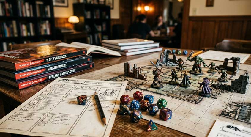 dados, fichas de personagens, grid, e livros de RPG.