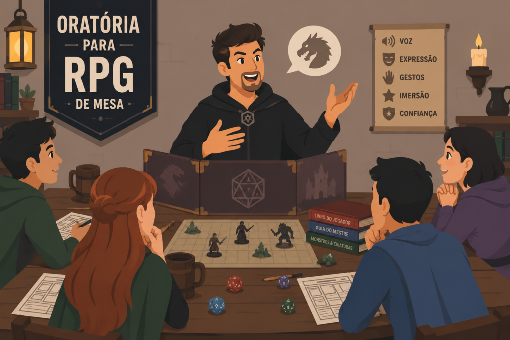 Mestre de RPG utilizando técnicas de oratória durante uma sessão de jogo - Ilustração gerada por IA