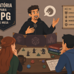 Mestre de RPG utilizando técnicas de oratória durante uma sessão de jogo - Ilustração gerada por IA